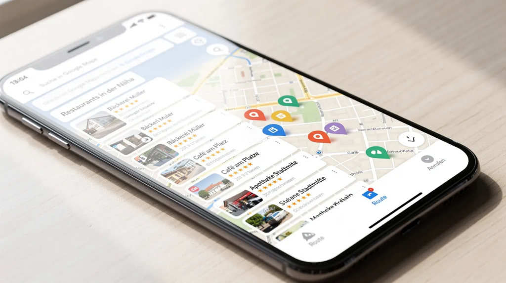 Ein Smartphone zeigt Google Maps mit Ergebnissen lokaler Geschäfte sowie Einträgen für Immobilienmakler in Köln an.