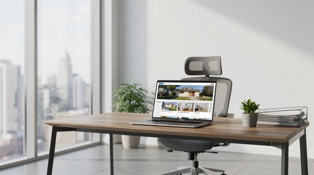 Das Bild zeigt ein modernes Immobilienbüro mit großen Fenstern, in dem ein Laptop auf einem Schreibtisch steht, der Immobilienangebote anzeigt.