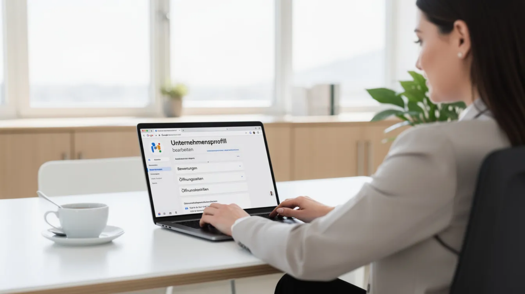 Eine Immobilienmaklerin sitzt an ihrem Laptop in einem modernen Büro und bearbeitet ihr Google Business Profil.