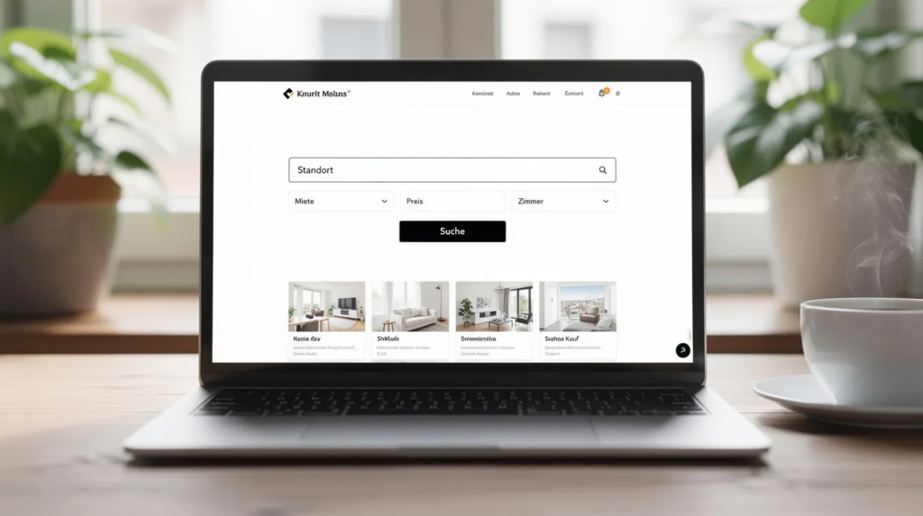 Auf dem Laptop-Bildschirm ist eine moderne Immobilien-Website zu sehen, die ein Suchformular für Kaufinteressenten anzeigt.