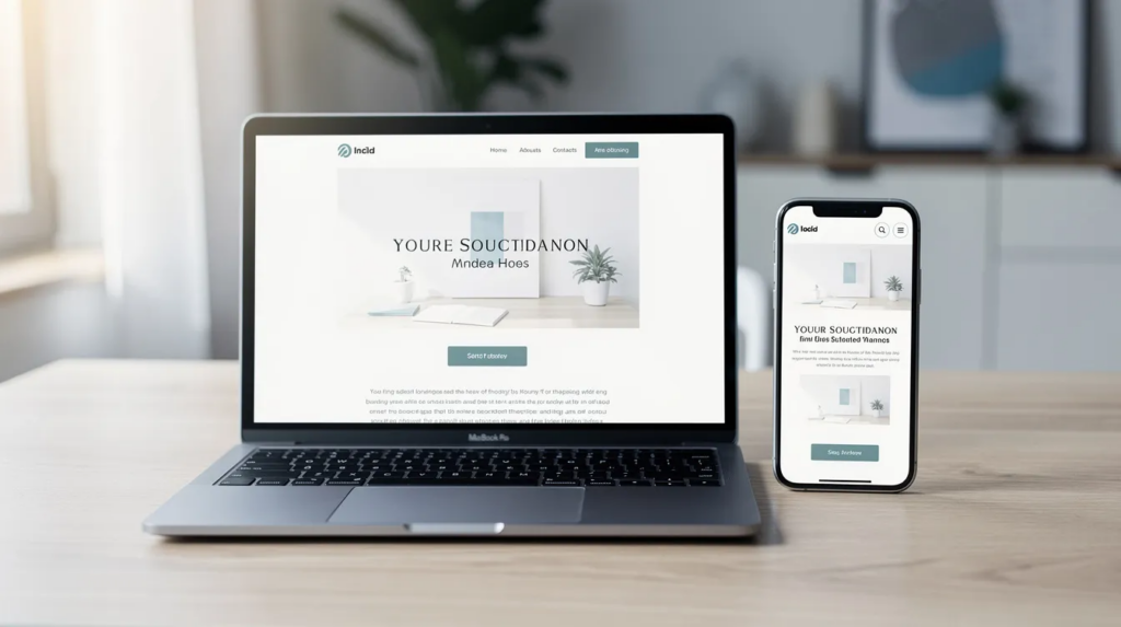 Das Bild zeigt ein modernes, sauberes Webdesign einer Immobilienmakler-Website, das auf einem Laptop und einem Smartphone nebeneinander auf einem Holzschreibtisch angezeigt wird.