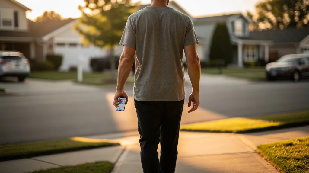 Eine Person hält ein Smartphone in der Hand und geht durch ein Wohnviertel, während im Hintergrund verschiedene Häuser zu sehen sind.