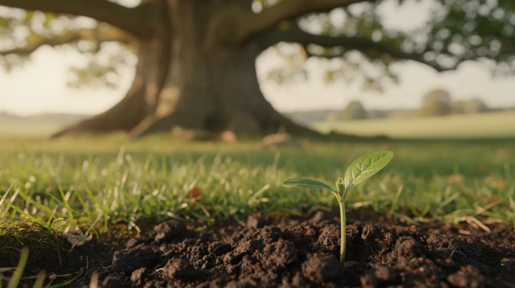 Das Bild zeigt einen kleinen Setzling, der neben einem großen, ausgewachsenen Baum auf einer grünen Wiese steht.
