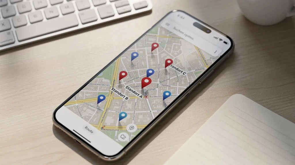 Ein Smartphone liegt auf einem Schreibtisch und zeigt eine Kartenansicht einer deutschen Großstadt mit mehreren Standortmarkierungen, die potenzielle Immobilienangebote darstellen.