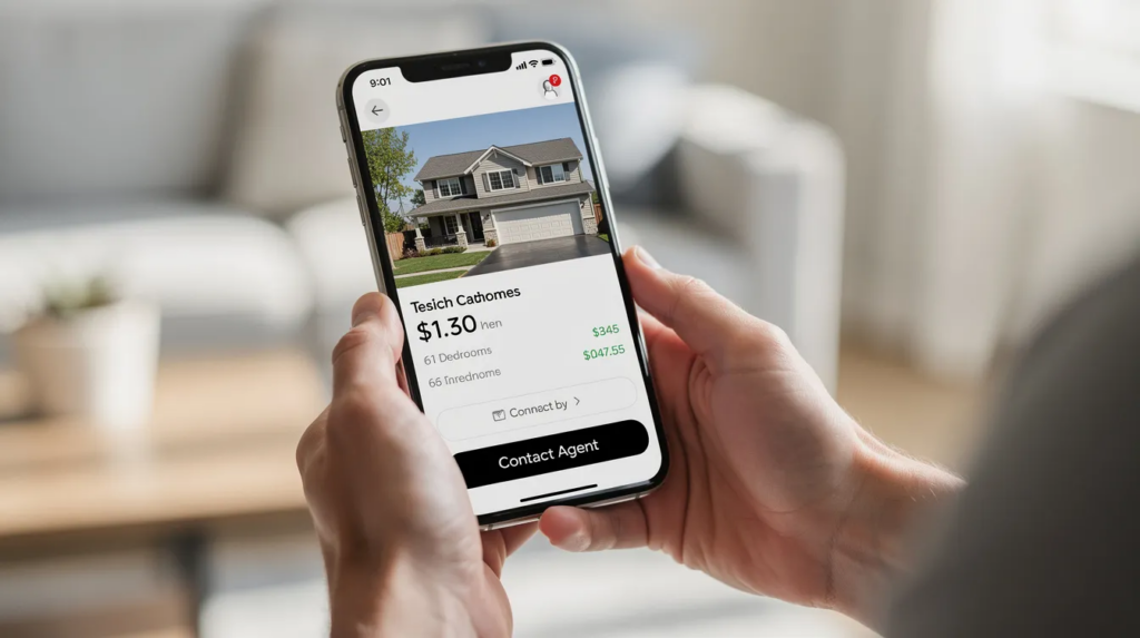Nahaufnahme von Händen, die ein Smartphone halten, auf dem eine Immobilienanzeige mit einem großen Kontaktbutton angezeigt wird.