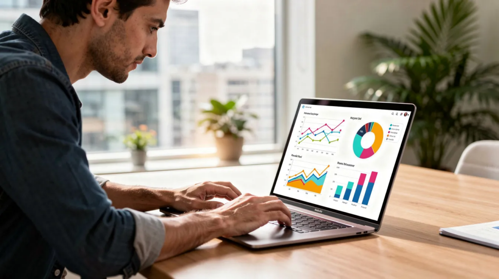 Das Bild zeigt eine Person, die konzentriert an einem Laptop arbeitet und Diagramme auf dem Bildschirm analysiert, um ihre Online-Präsenz als Immobilienmakler zu optimieren.