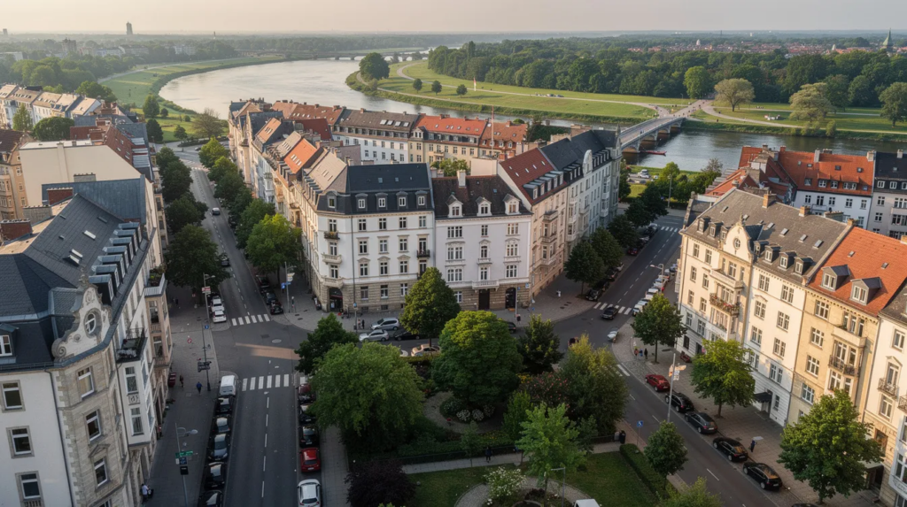 Die Luftaufnahme zeigt ein charmantes deutsches Stadtviertel mit historischen Altbauten, umgeben von Bäumen und einem Fluss im Hintergrund.