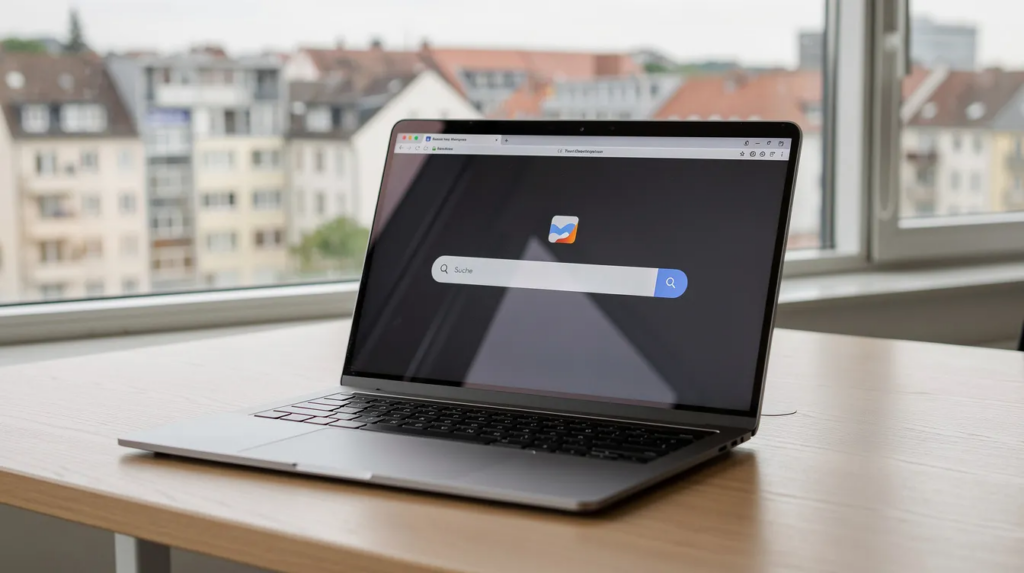 Ein Laptop steht auf einem Schreibtisch, auf dem Bildschirm ist eine Suchmaske zu sehen, während im Hintergrund Häuser und eine Stadtlandschaft sichtbar sind.