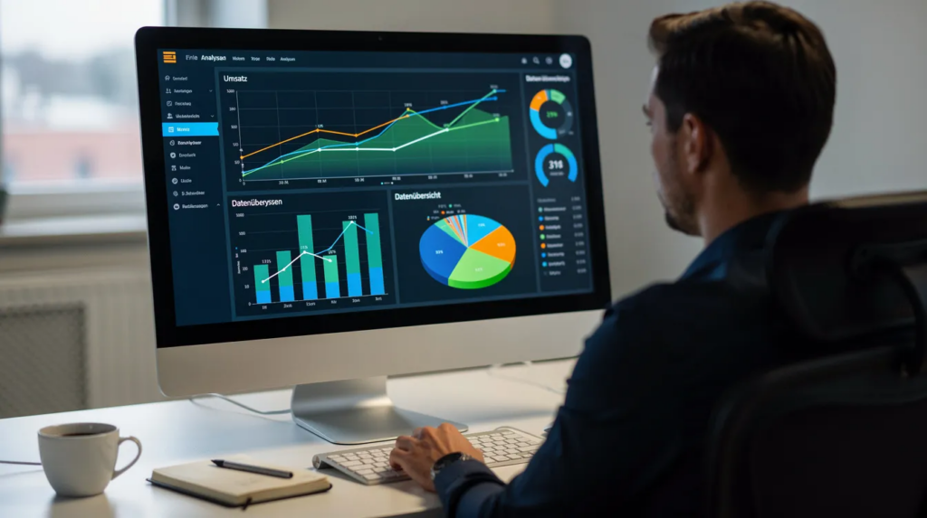Eine Person sitzt vor einem Computerbildschirm, auf dem verschiedene Diagramme und Datenvisualisierungen zu sehen sind, die sich mit Themen wie SEO für Immobilienmakler und Online-Sichtbarkeit beschäftigen.