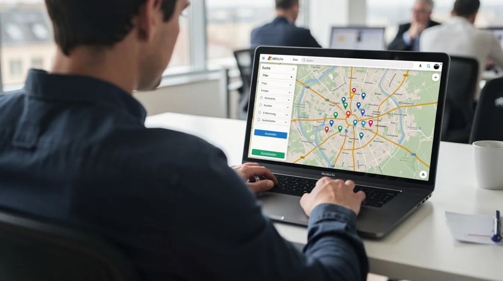 Eine Person sitzt an einem Laptop in einem modernen Büro und nutzt eine Kartenanwendung, um Immobilienanfragen mit verschiedenen Suchfiltern zu betrachten, was auf eine gezielte Suchmaschinenoptimierung für Immobilienmakler hinweist.