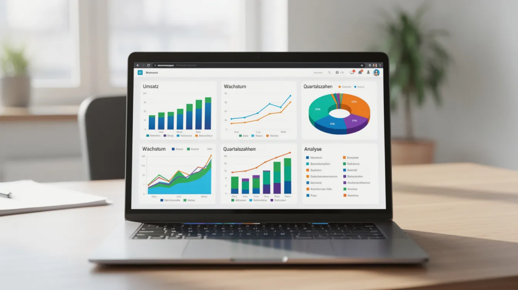 Das Bild zeigt einen Laptopbildschirm auf einem Schreibtisch, auf dem bunte Diagramme und aufsteigende Kurven zu sehen sind, die die Erfolge von SEO-Maßnahmen und die Sichtbarkeit einer Website in den Suchmaschinen verdeutlichen.