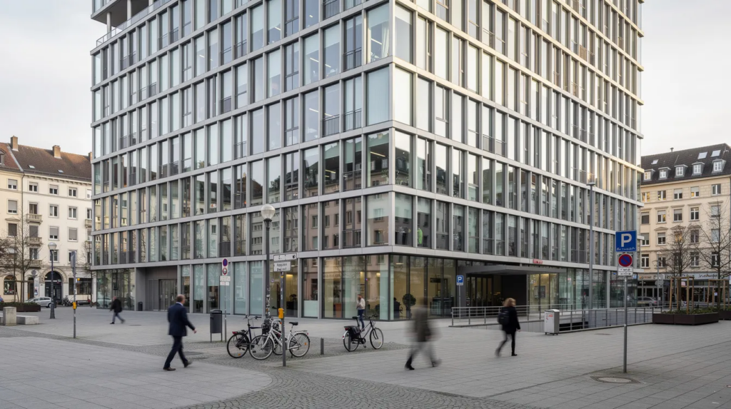 Ein professioneller Fotograf steht vor einem modernen Bürogebäude in einer deutschen Innenstadt und hält seine Kamera bereit, um die Fassade abzulichten.