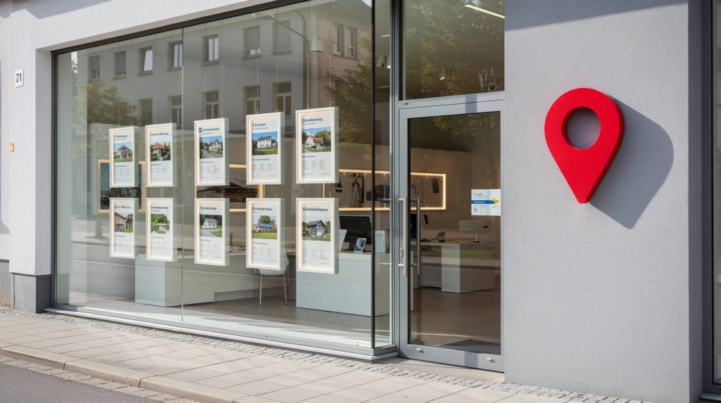 Die Außenansicht eines modernen Maklerbüros zeigt eine Glasfront mit einem Immobilienaushang und einem Google Maps Pin Symbol an der Hauswand, das auf die lokale Sichtbarkeit und die Online Präsenz des Immobilienmaklers hinweist.