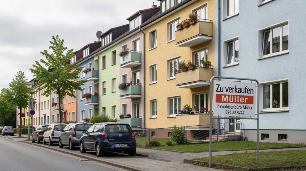 In einer deutschen Stadtansicht sind Wohnhäuser entlang einer Straße zu sehen, mit einem auffälligen Immobilienschild, das potenzielle Käufer anspricht.