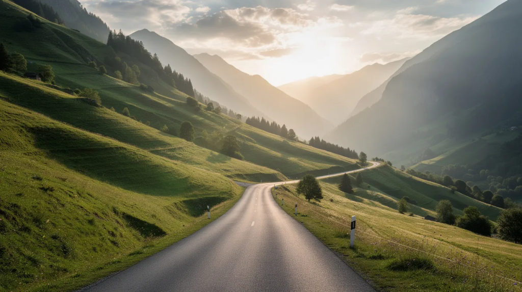 Das Bild zeigt eine lange, kurvenreiche Straße, die sich durch eine grüne Berglandschaft schlängelt, während das Sonnenlicht am Horizont aufgeht.
