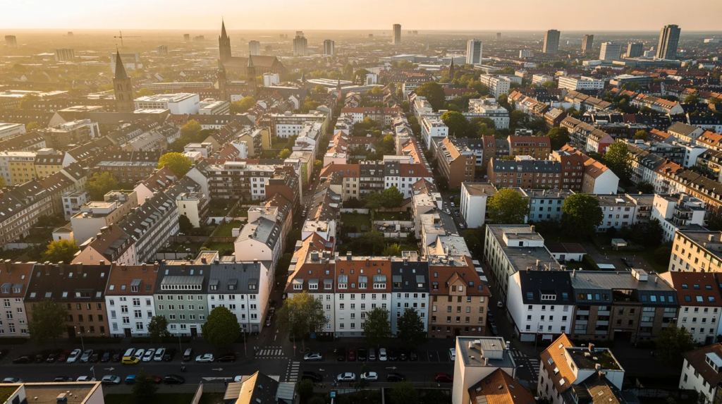 Das Stadtpanorama zeigt eine deutsche Großstadt aus der Vogelperspektive, mit zahlreichen Wohnvierteln und Dächern, die eine lebendige städtische Landschaft bilden.