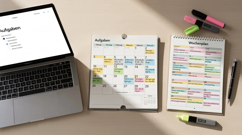 Auf dem Schreibtisch liegt ein aufgeschlagener Kalender neben einem Laptop und einem Notizblock, auf dem ein Wochenplan mit bunten Markierungen zu sehen ist.